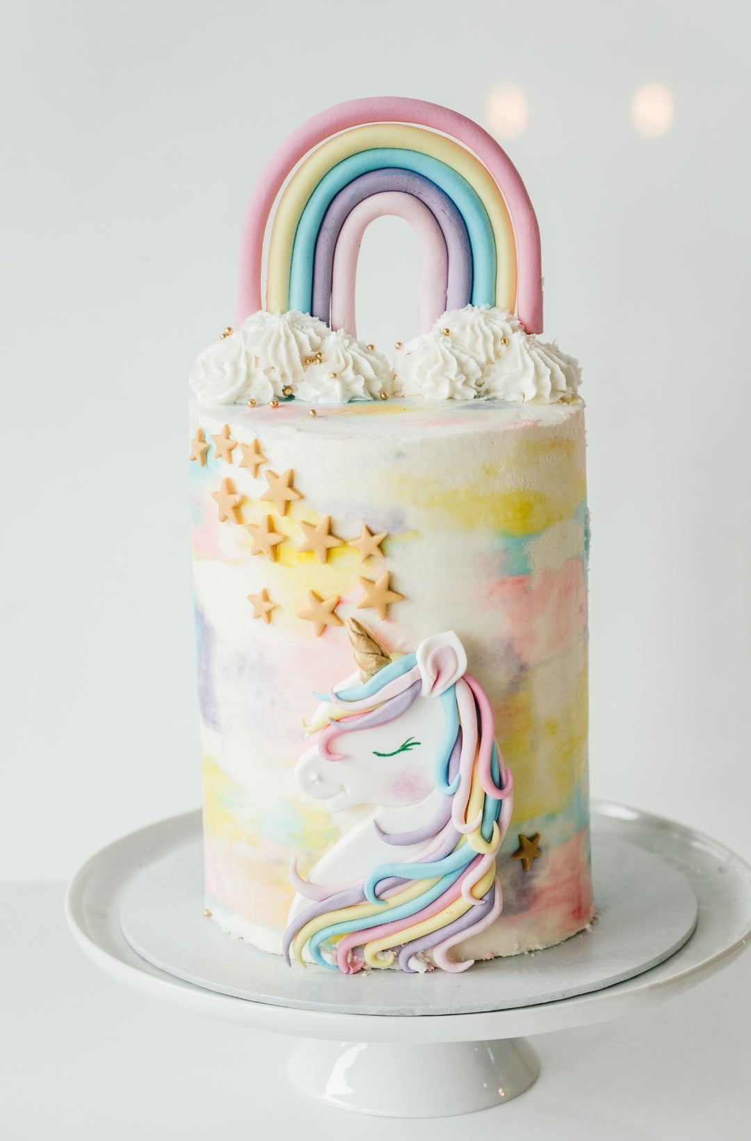 Unicorn cake with rainbow decorations 